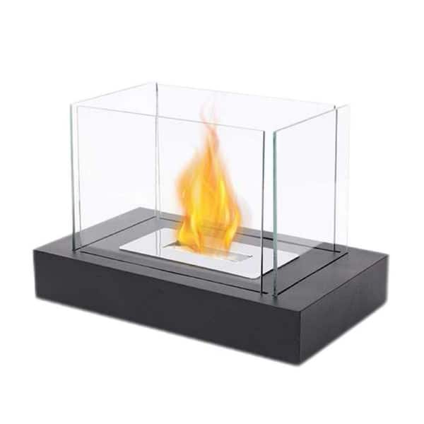 13.5 in. Tabletop Ventless Bioethanol Fireplace, Black Square Stainless Steel Burner Gentle Warmth, Real Flame, Portable