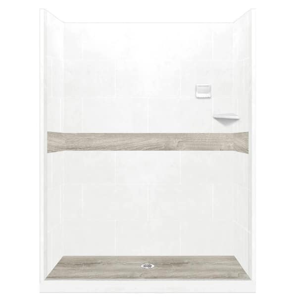American Bath Factory Sterling Oak Pan and Walls 30 in. x 60 in. x 80 in. Center Drain Alcove Shower Kit in Natural Buff and Chrome Hardware