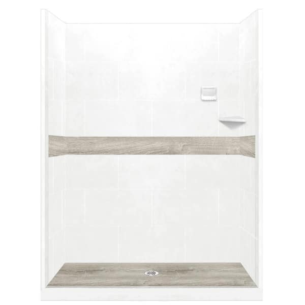 American Bath Factory Sterling Oak Pan and Walls 32 in. x 60 in. x 80 in. Center Drain Alcove Shower Kit in Natural Buff and Chrome Hardware