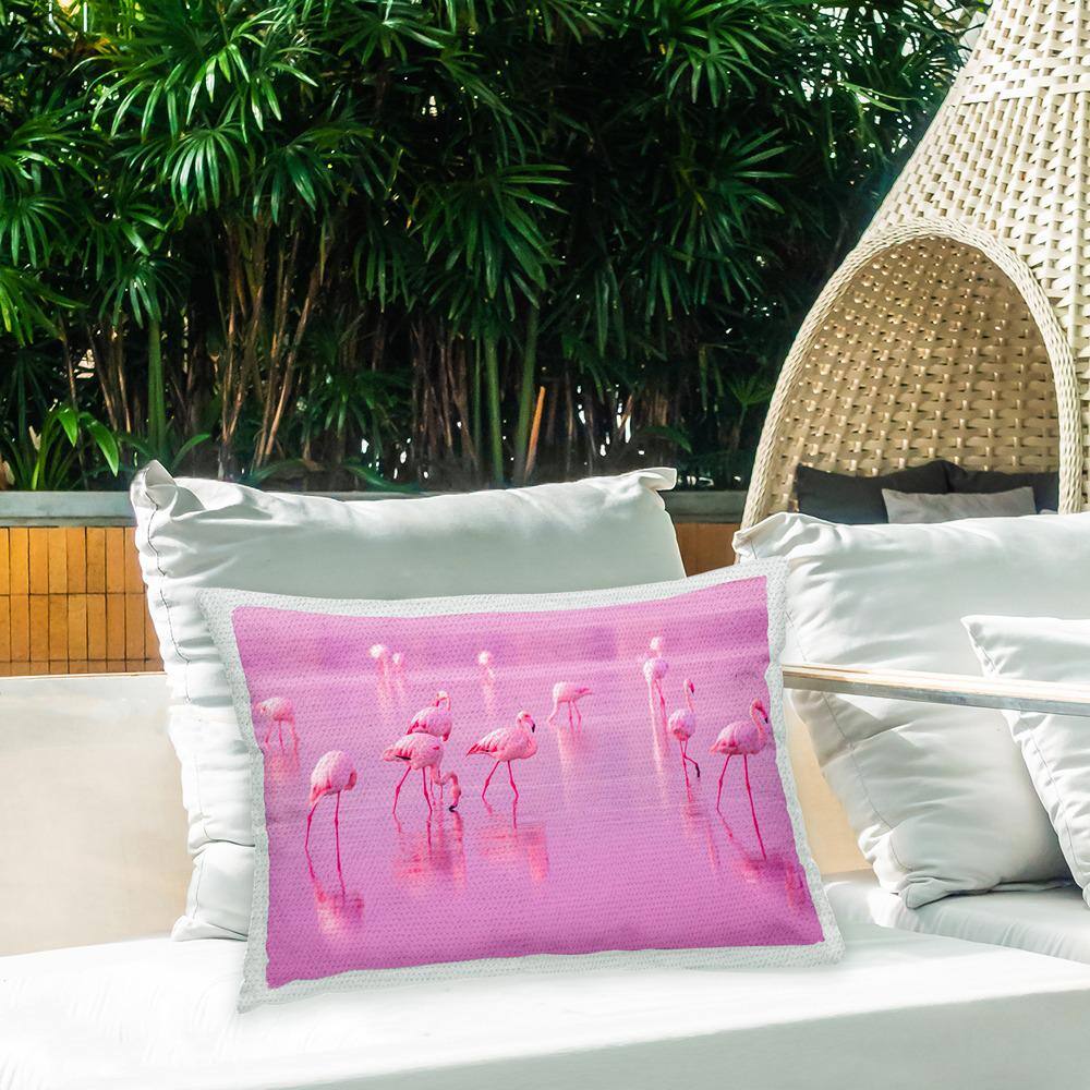 Pink Flamingo Flock Rectangular Outdoor Throw Pillow