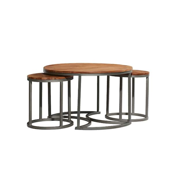 32 in. Brown Medium Round Wood Nesting Coffee Table with Grey Metal Base (3- Pieces)