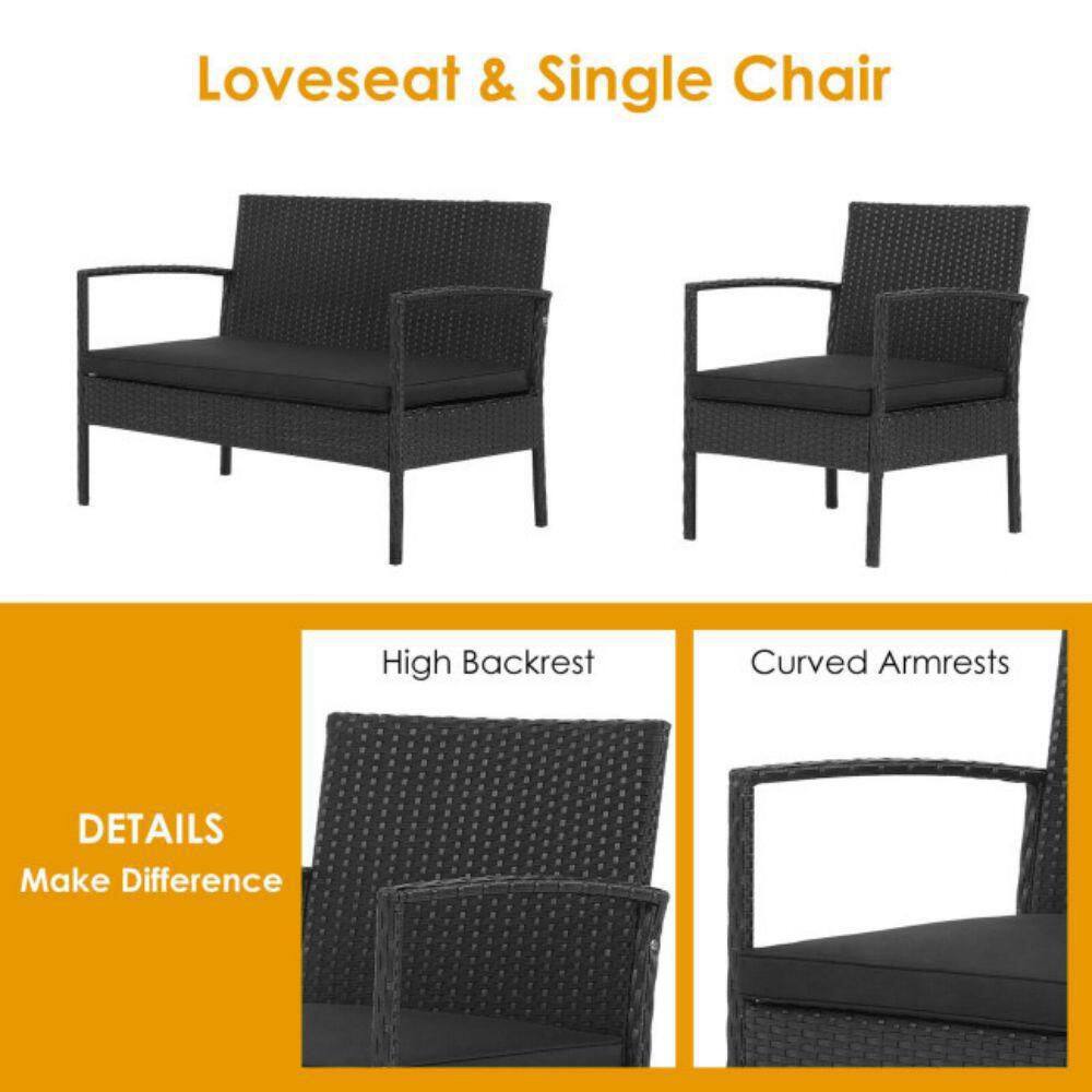 Black 4-Piece Rattan Patio Furniture Set with Acacia Wood Tabletop