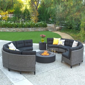 10-Piece Faux Rattan Patio Fire Pit Sectional Seating Set with Dark Gray Cushions
