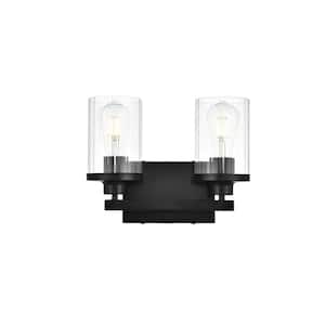 Simply Living 12 in. 2-Light Modern Black Vanity Light with Clear Cylinder Shade