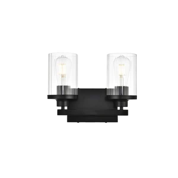 Unbranded Simply Living 12 in. 2-Light Modern Black Vanity Light with Clear Cylinder Shade