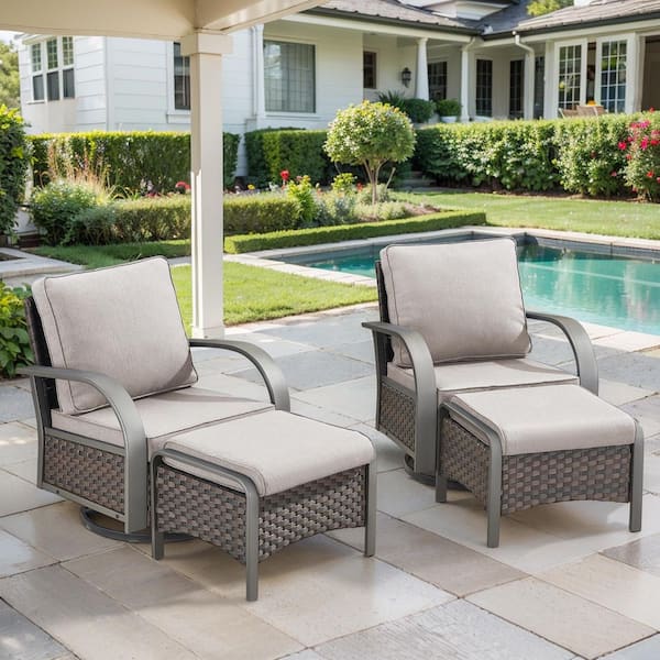 Opohoro ArcMetal 4-Piece Brown Wicker Outdoor Rocking Chair Patio Swivel Gliders with Beige Cushions and Ottomans