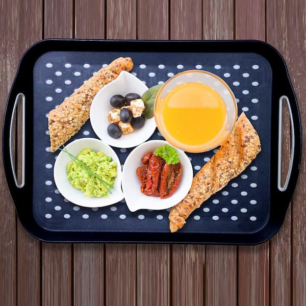 17.9 in. W x 1.8 in. H x 12.5 in. D Black Plastic Serving Tray with Handles, Silicone Gripping Nubs Lap Food Trays