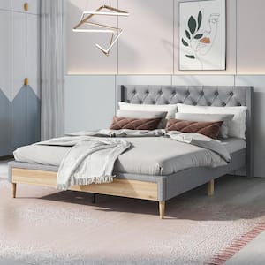 Gray Wood Frame Queen Upholstered Platform Bed with Rubber Wood Legs