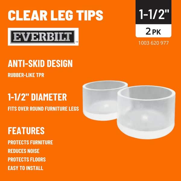 1-1/2 in. Clear Rubber Like Plastic Leg Caps for Table, Chair, and Furniture Leg Floor Protection (2-Pack)