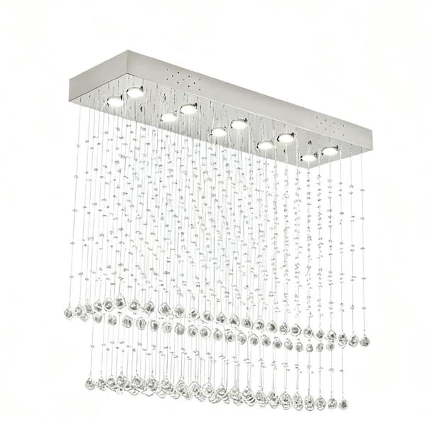 39 in. 10-Light Silver Modern Rectangular Crystal Chandelier Ceiling Lighting Fixture Raindrop Pendant for Dining Room