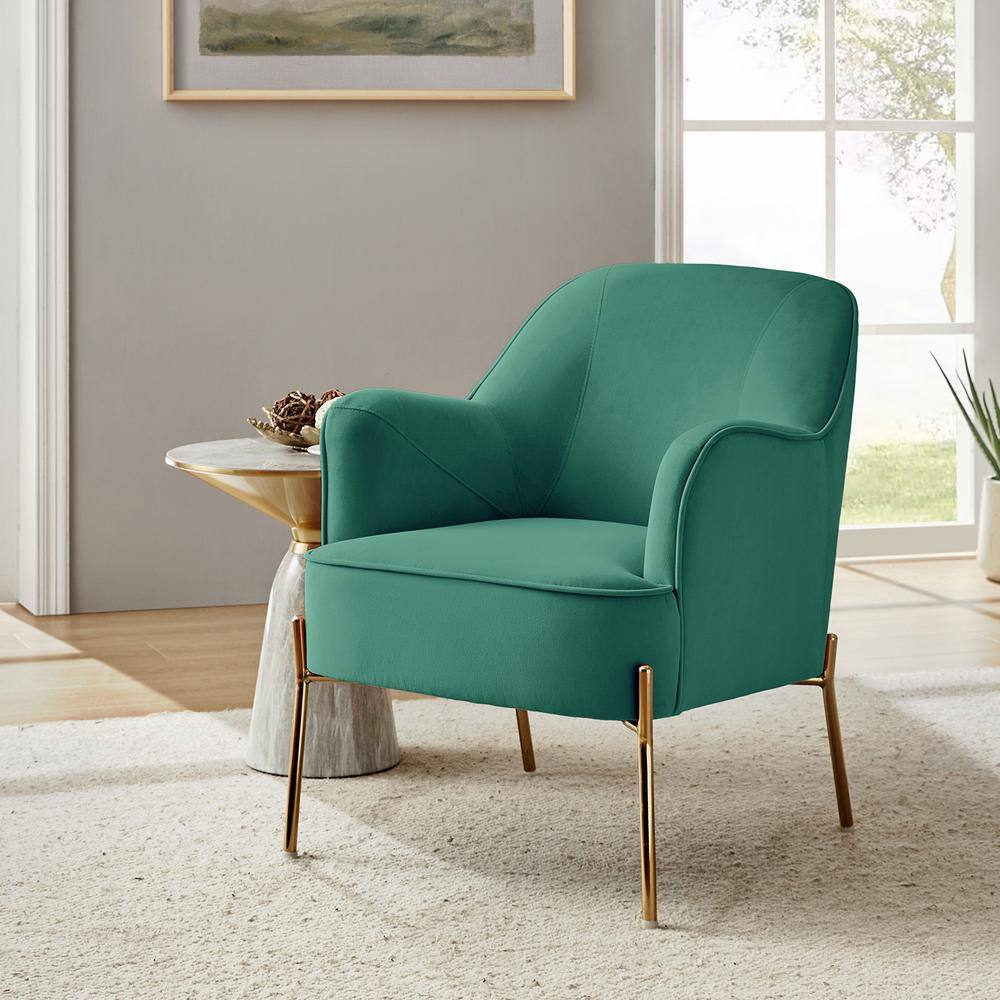 Elegant Mid-Century Green Velvet Accent Chair with Golden Legs