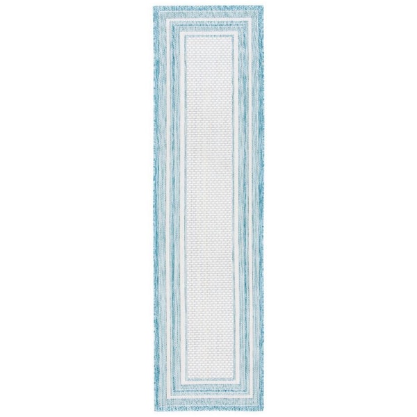 Courtyard Ivory/Aqua 2 ft. x 10 ft. Solid Color Striped Indoor/Outdoor Runner Rug