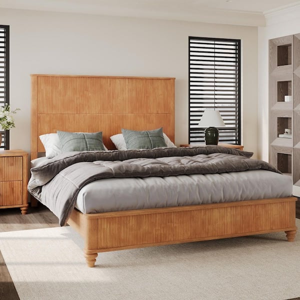 Horizon Modern Rustic Natural Brown Finish Wood Frame Queen Size Platform Bed with Tall Headboard