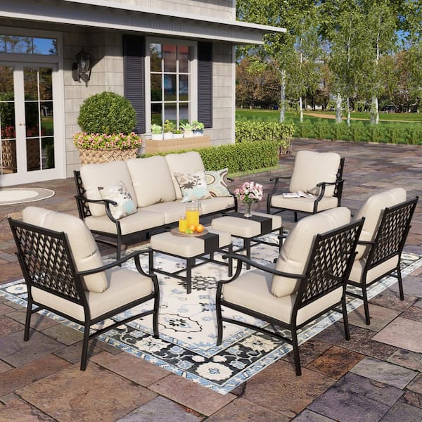 PHI VILLA Black Meshed 9-Seat 7-Piece Metal Outdoor Patio Conversation Set with Beige Cushions and 2 Ottomans