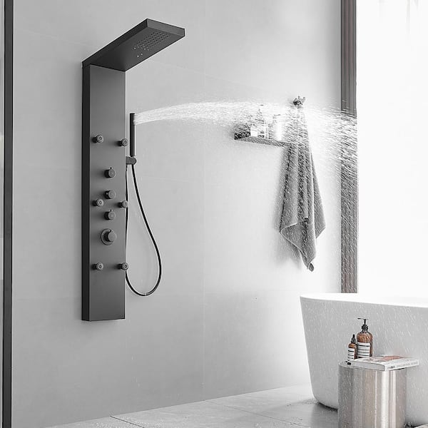 Dual 3-in-1 6-Jet Rainfall Shower Panel System with Rainfall Shower Head and Shower Wand in Stainless Steel