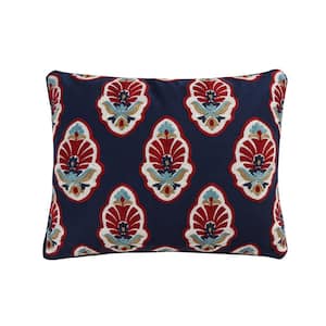 Moreno Navy With Multi-Color Embroidered Damask Pattern 18 in. x 14 in. Throw Pillow