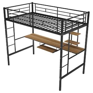 Twin Over Workspace Metal Bunk Bed, Loft Bed with Desk and Shelf