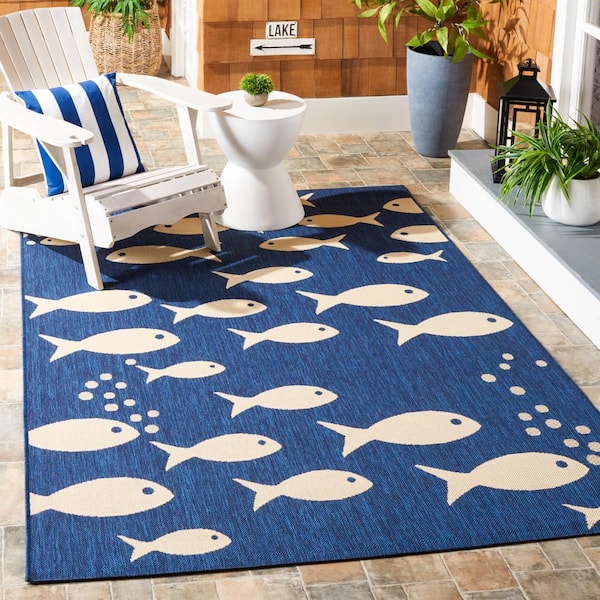 Courtyard Navy/Beige Doormat 2 ft. x 4 ft. Novelty Fish Indoor/Outdoor Area Rug