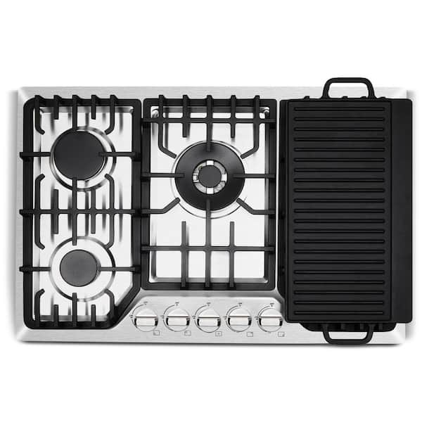 30 in. 5-Burners 304-Stainless Steel Recessed Gas Cooktop with Griddle NG/LPG Convertible