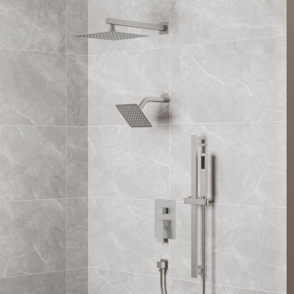 Brushed Nickel Dual Rainfall Shower System with Handheld Spray