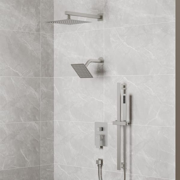 3-Spray Patterns 2.5 GPM 10 and 6 in. Dual Shower Head Wall Mount Fixed Shower Head with Handheld In Brushed Nickel