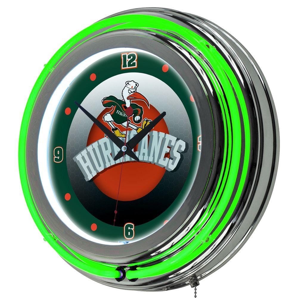 University of Miami Chrome Double Rung Neon Clock - Wordmark