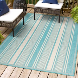 Haynes Modern Aqua/Beige 5 ft. x 8 ft. Double Stripe Indoor/Outdoor Area Rug