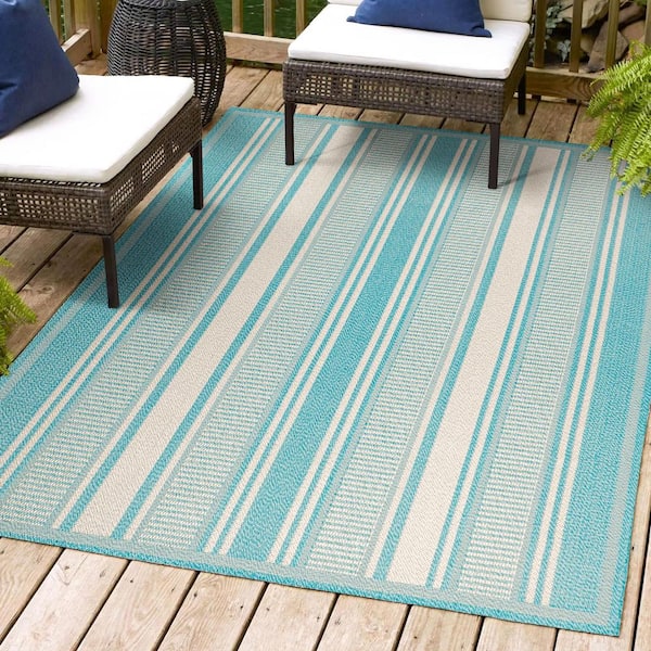 JONATHAN Y Haynes Modern Aqua/Beige 8 ft. x 10 ft. Double Stripe Indoor/Outdoor Area Rug