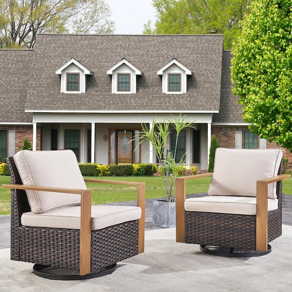 moosprr Brown Swivel Glider Wicker Outdoor Rocking Chair with Beige Cushions and Square Metal Armrest (2-Pack)