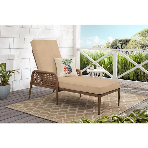 Hampton Bay Coral Vista Brown Wicker Outdoor Patio Chaise Lounge with Sunbrella Beige Tan Cushions