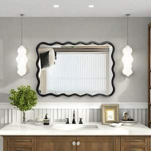 Black 40 in. W x 28 in. H Solid Wood Rectangle Wavy Wall Mirror for Bathroom, Bedroom, Cloakroom