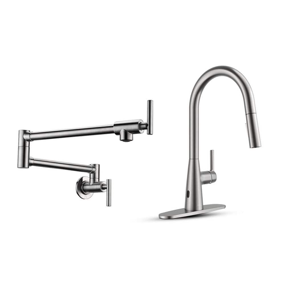Adela Brushed Nickel 16 in. H Touchless Pull Down Sprayer Kitchen Faucet with Brushed Nickel Wall Mounted Pot Filler price history on PriceWatchPro