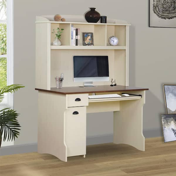 Writing Desk with 7 Drawers, Home Office Desk with Hutch,Student Desk Study  Table with Solid Pine Wood Legs,Small White Desk 