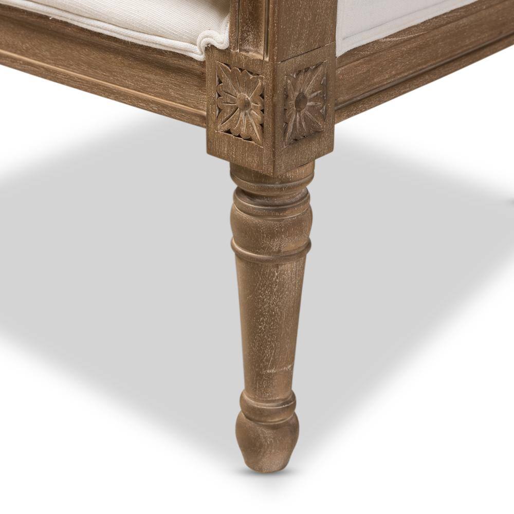 Charlemagne Distressed Brown Oak Wood French Accent Chair with Beige Cotton