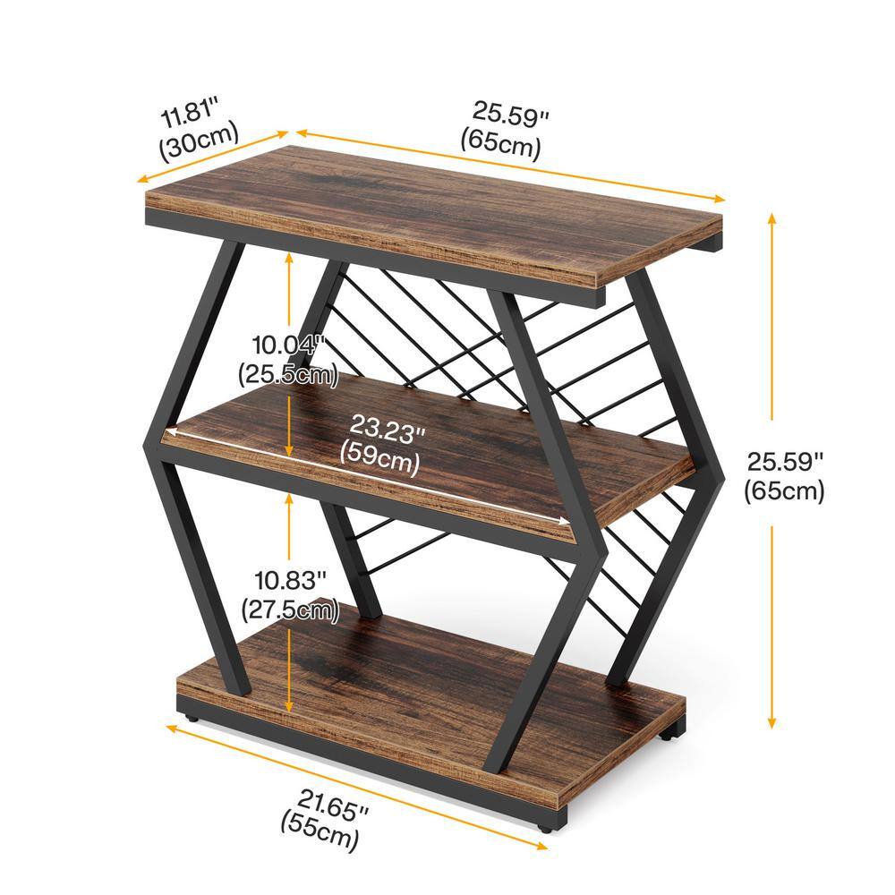Rustic Brown Wood and Black Metal 3-Tier End Table