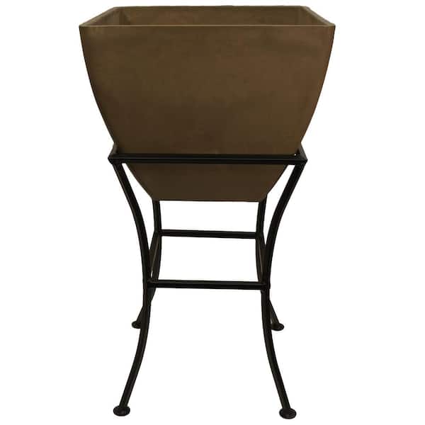 RTS Home Accents 16 in. Square Indoor/Outdoor Oak Polyethylene Planter with Wrought Iron Stand