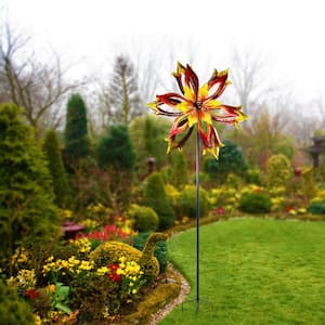 96 in. Tall Outdoor Metal Flower Dual Kinetic Spinner Stake Yard Decoration, Red/Yellow