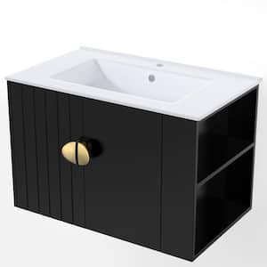 30 in. W Single Sink Floating Bath Vanity in Black with White Ceramic Top Unassembled, 2-Doors and Right Open Shelves