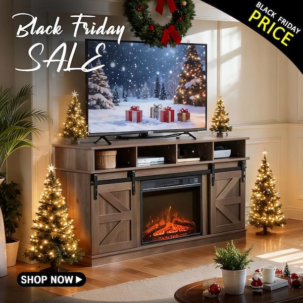 58 in. W Freestanding Electric Fireplace Farmhouse TV Stand with Open Shelves in Brown