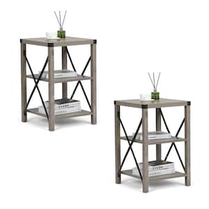 15.75 in. Gray Wash Square Wood End Table with X-Shaped Metal Support, Set of 2