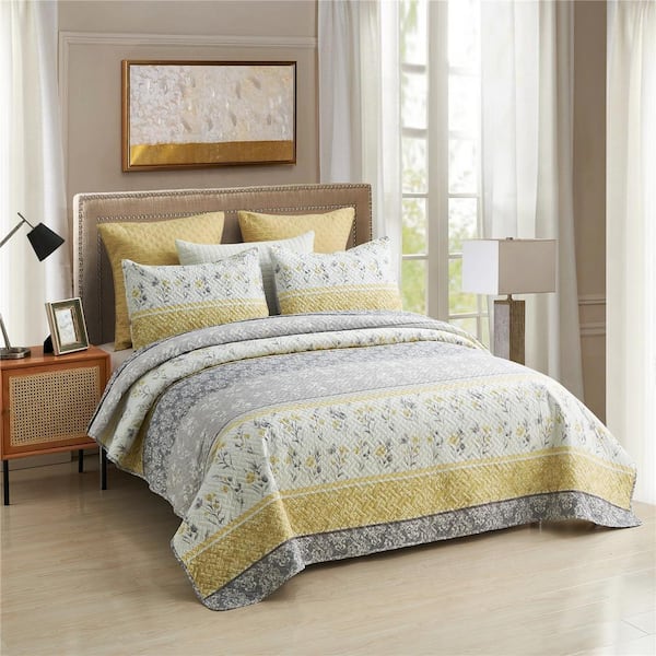 3-Piece King Size Microfiber Strip Floral Reversible Quilt Set