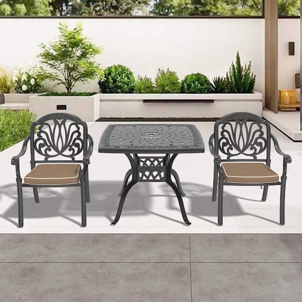 Willit Elizabeth Black 3-Piece Cast Aluminum Outdoor Dining Set with Square Table and Dining Chairs with Random Color Cushion