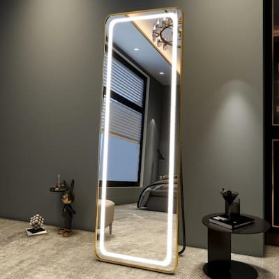 22 in. W x 48 in. H Modern White Solid Frame Full-Length Mirror Glass Mirror Aluminum Profile Floor Mounted with LED