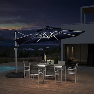 12 ft. Octagon Aluminum Solar Powered LED Patio Cantilever Offset Umbrella with Wheels Base, Navy Blue