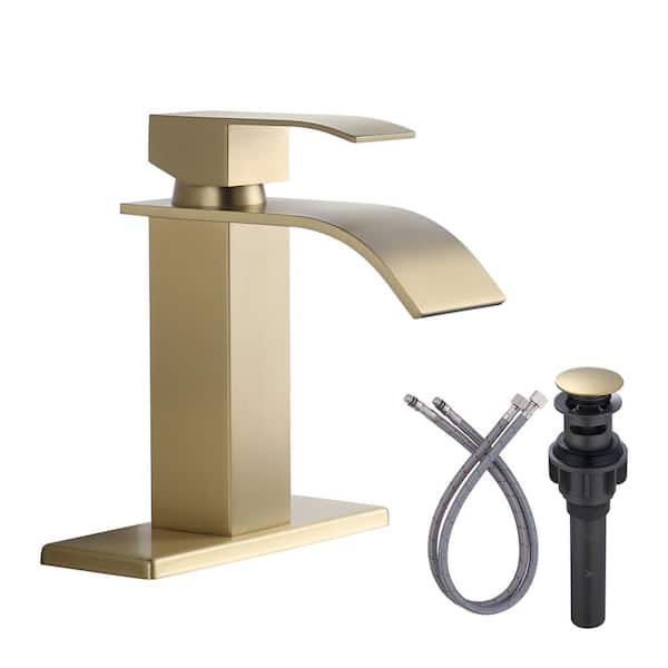 4 in. Centerset Single Handle High Arc Waterfall Bathroom Faucet with Pop Up Drain and Supply Lines in Gold