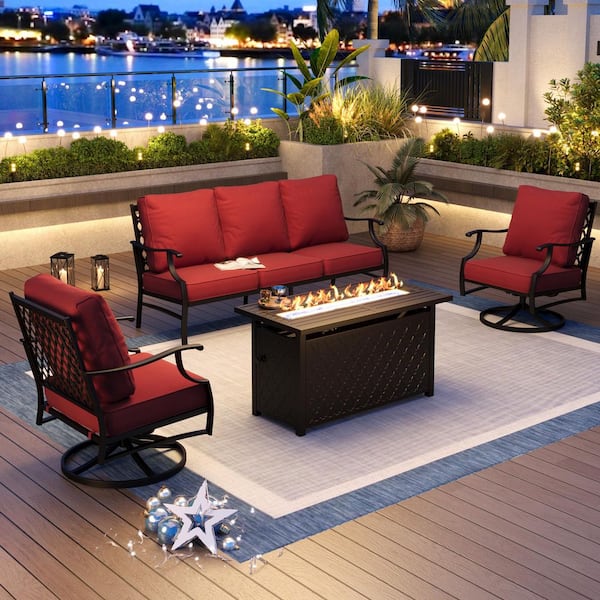 PHI VILLA Black Metal Meshed 5 Seat 4-Piece Steel Outdoor Fire Pit Patio Set with Red Cushions Black Rectangular Fire Pit Table