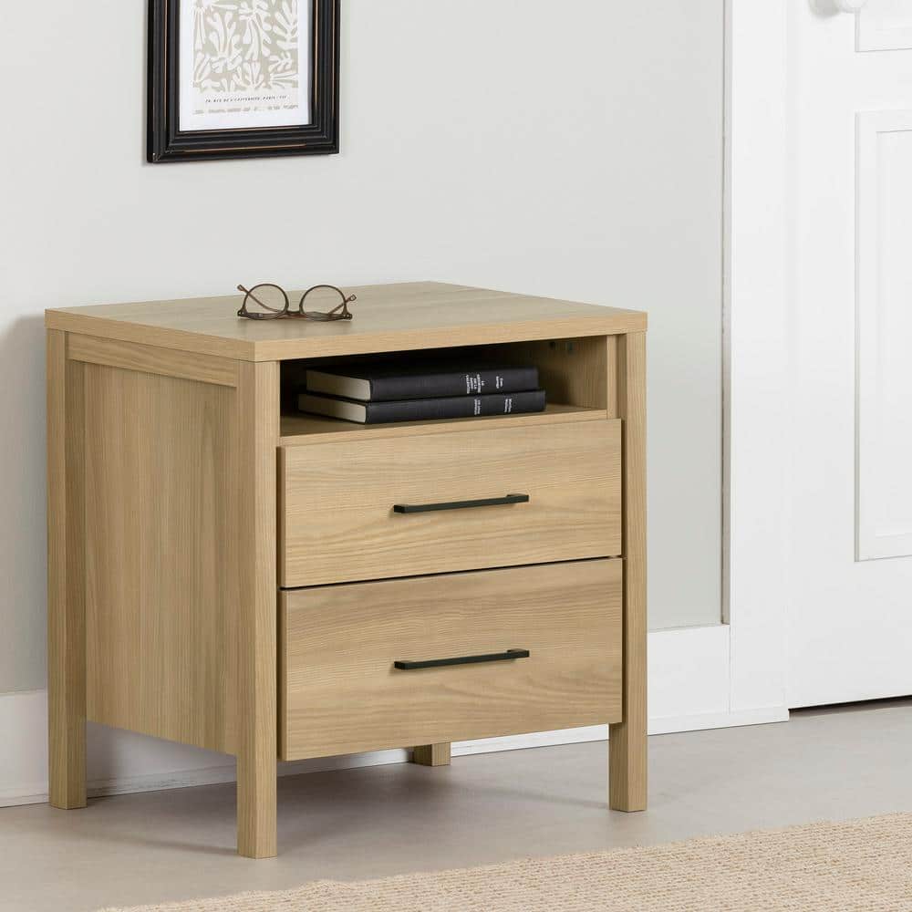 Natural Ash 2-Drawer Nightstand with Open Shelf
