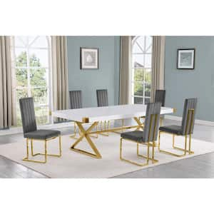 Miguel 7-Piece Rectangle White Wood Top Gold Stainless Steel Dining Set with 6 Dark Gray Velvet Chairs