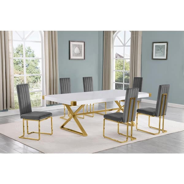 Best Quality Furniture Miguel 7-Piece Rectangle White Wood Top Gold Stainless Steel Dining Set with 6 Dark Gray Velvet Chairs