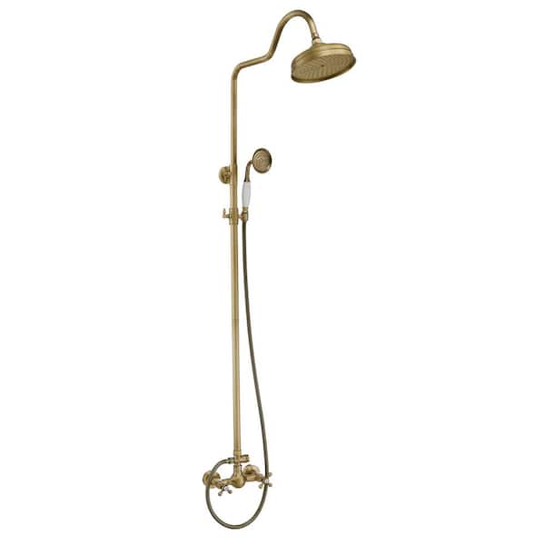 HOMEMYSTIQUE 2-Spray Wall Slid Bar Round Rain Shower Faucet with Hand Shower 2 Cross Handles Mixer Shower System Taps in Antiqued
